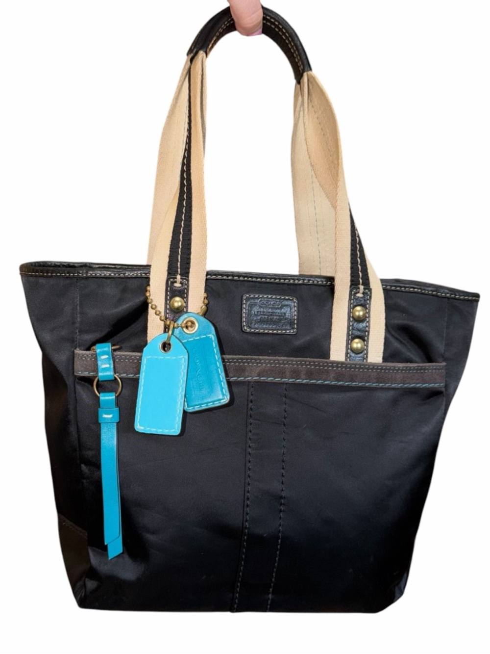 Coach Hampton Black Nylon Tote with Cream Handles and Turquoise Hang Tags - Picture 2 of 14